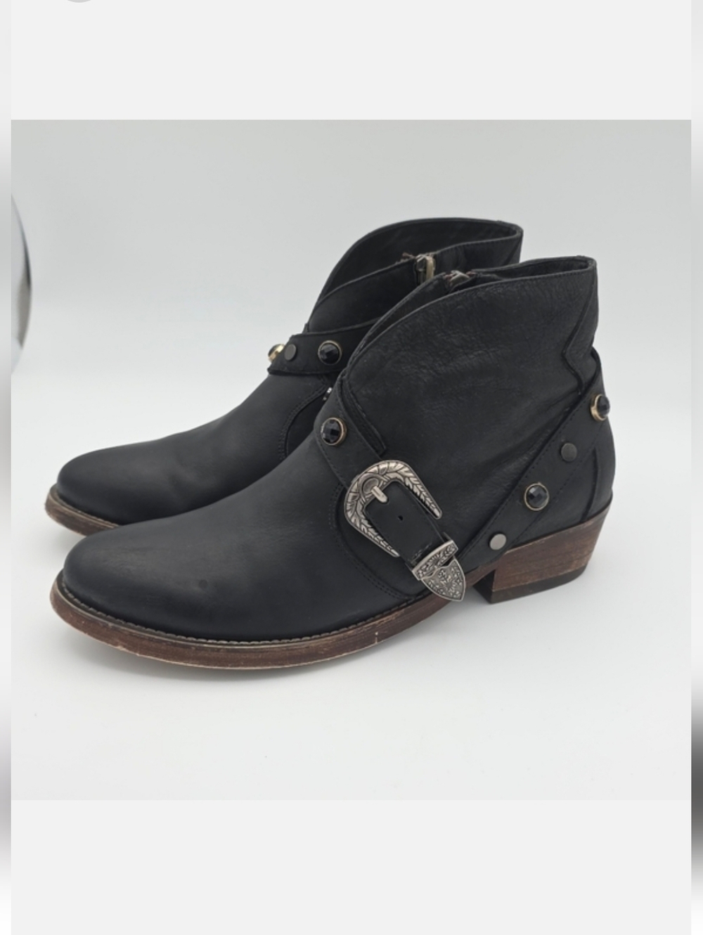 ASH Western Buckle Black Leather Ankle Boots Women’s 38 (US 7.5) Studded Zipper